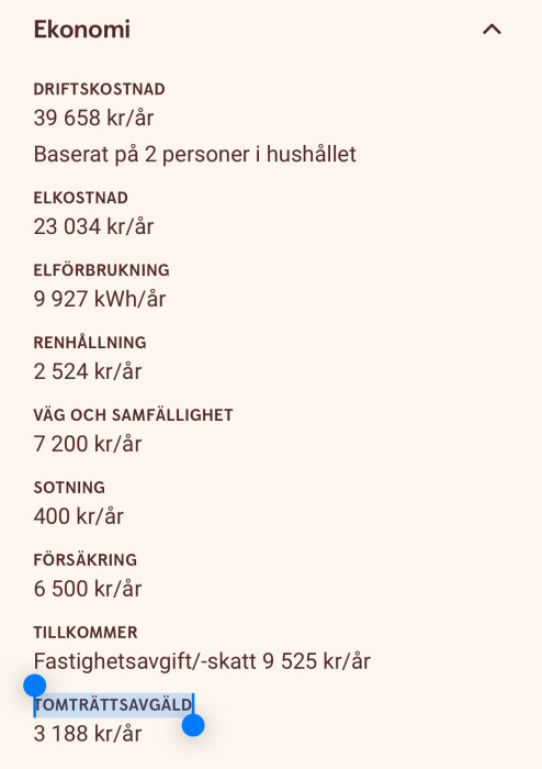 Översikt över ett hushålls årliga ekonomi med poster som driftskostnad, elkostnad och försäkring i svenska kronor.