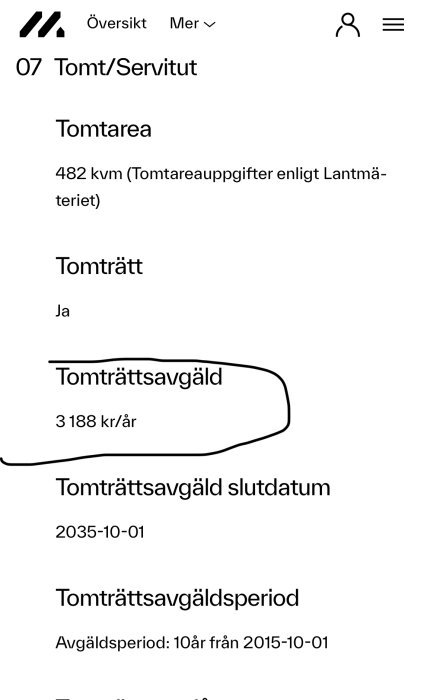 Skärmdump som visar information om tomträtt och tomträttsavgäld på 3188 kr/år med slutdatum 2035-10-01.