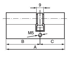 Teknisk ritning som visar mått för en europeisk DIN-låscylinder, med markeringar för fästskruv och mått A, B, C.