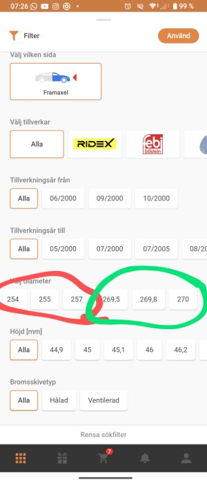 Skärmdump av en bilkomponentsökning med fokus på olika bromsskivediametrar markerade, 269,5 och 270 framhävt.