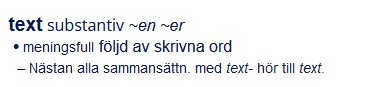 Ordboksdefinition av ordet "text" som visar betydelsen och exempel på användning.