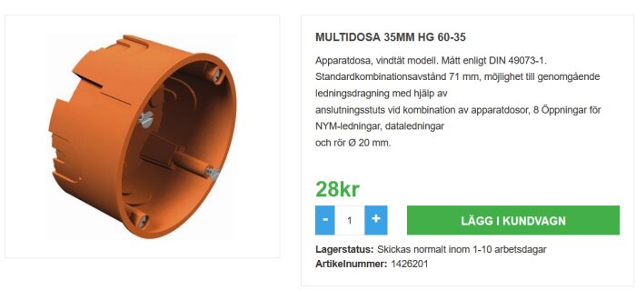 Orange MULTIDOSA 35MM HG 60-35 eldosapropp av plast, avsedd för infälld installation med flera genomföringar.