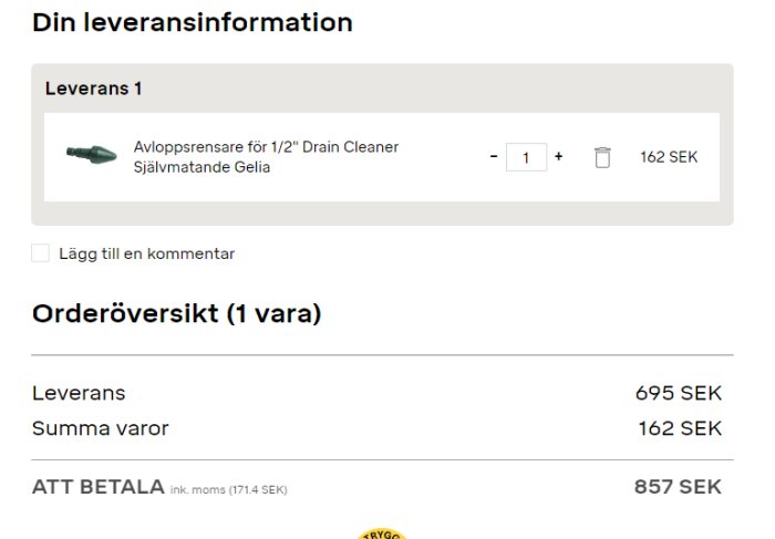 Skärmbild av en e-handelscheckout med en avloppsrensare för 162 SEK i leveransinformation och orderöversikt.