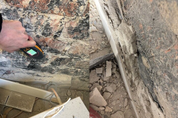 Mätning av fukt i gammal vägg och närbild av skadat golv i renoveringsprojekt.