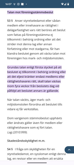 Skärmdump av lagtext om överklagande av föreningsstämmobeslut med markerad paragraf.