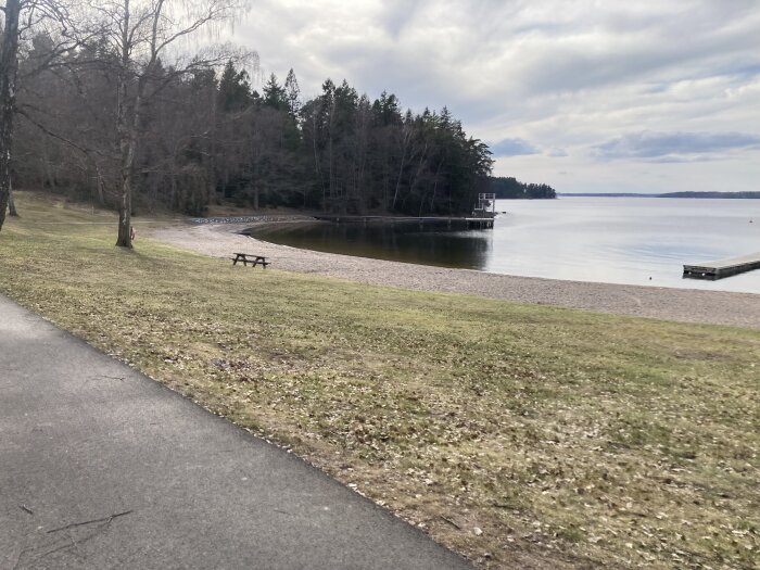 Strandväg bredvid sjö med bänk och brygga, omgiven av träd och gräsmatta, molnig himmel.