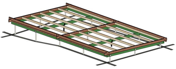 3D-ritning av trästomme för byggnation med stolpar, bärlinor i grönt och mörkbruna ytterväggar.