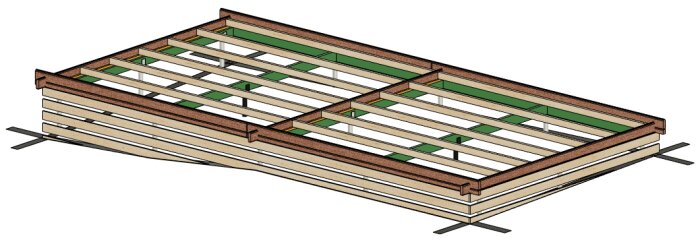 3D-modell av en träkonstruktion med stolpar och bärlinor i brunt och grönt, planerad för skruvfundament.