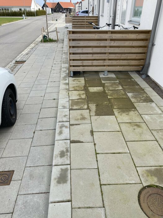 Betongplattor med gröna fläckar av fukt och mossa nära ett radhus och torrare stenläggning längre bort mot asfalterad gata.