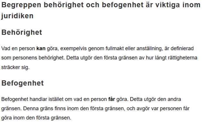 En textbild som förklarar skillnaden mellan begreppen behörighet och befogenhet inom juridiken.