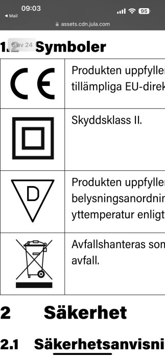 Symboler för CE-märkning, skyddsklass II och återvinning på en produktmanual, som visar EU-överensstämmelse och säkerhetsinformation.