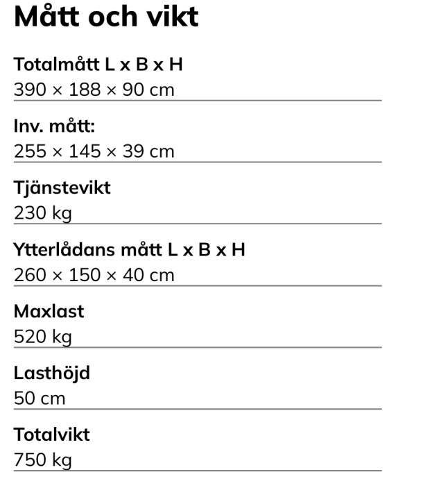 Specifikationstabell för släpvagn med mått, vikt och maxlast, nämner Variant 754 F1 som ett kraftigare alternativ.
