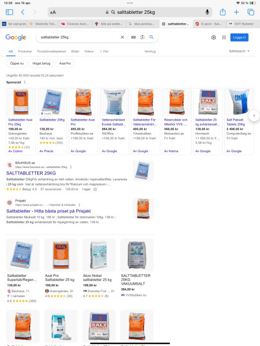 Skärmdump av en Google-sökning med olika förpackningar av salttabletter och prisjämförelser.