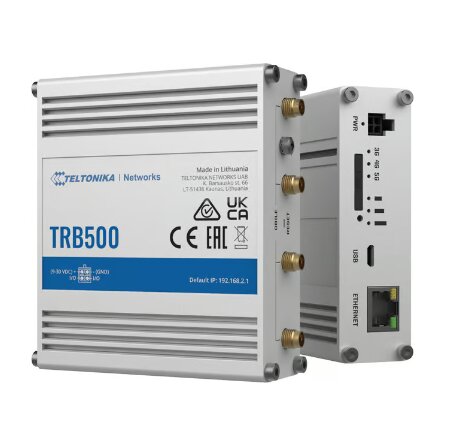 Teltonika TRB500 Industrial 5G Gateway enhet med två perspektiv som visar framsidan och baksidan.