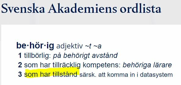 Utsnitt från Svenska Akademiens ordlista som visar definitionen av adjektivet "behörig".