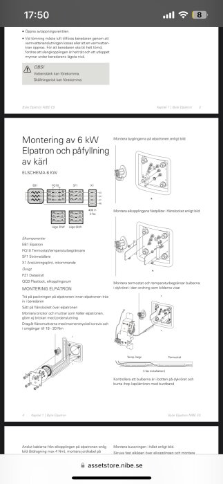 Instruktionsmanual för montering av 6 kW elpatron och påfyllning av kärl med elektriska scheman och monteringssteg.