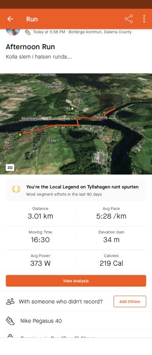 Skärmdump av träningsapp som visar rutt och statistik för en eftermiddagslöprunda.