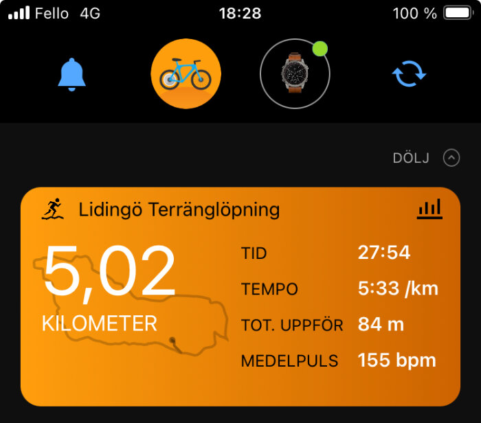 Skärmavbild från en träningsapp som visar statistik för en 5,02 kilometer lång terränglöpning inklusive tid, tempo, stigning och puls.