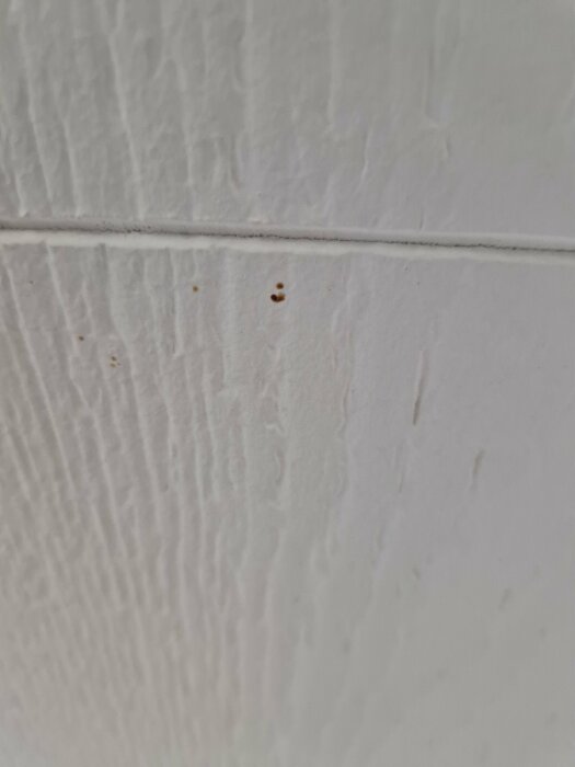Närbild på en vit väggyta med flera små, bruna prickar som kan vara tecken på en möjlig fuktskada.