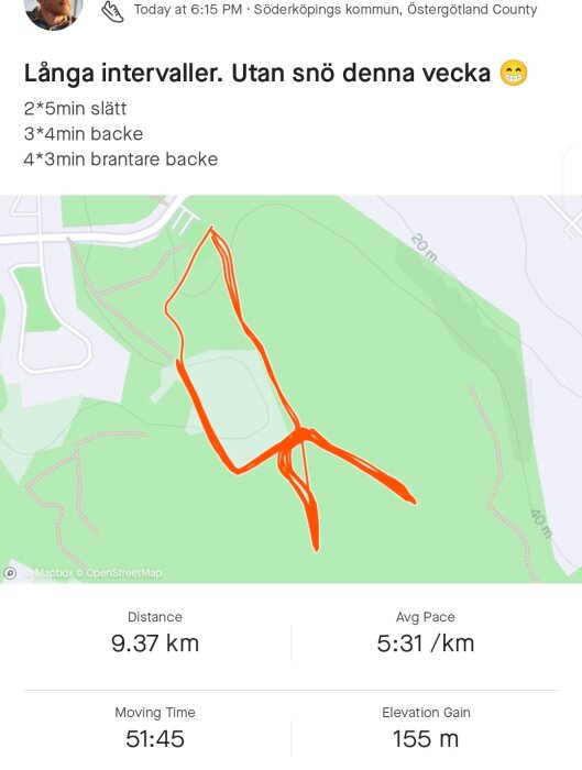 Skärmbild av löprunda på karta med träningsdata; distans, tid, tempo och höjdökning.