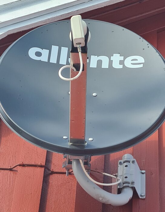 Satellitparabol med "allente"-logotyp, fokus på LNB och kabel fäst vid vägg med spikklammer.