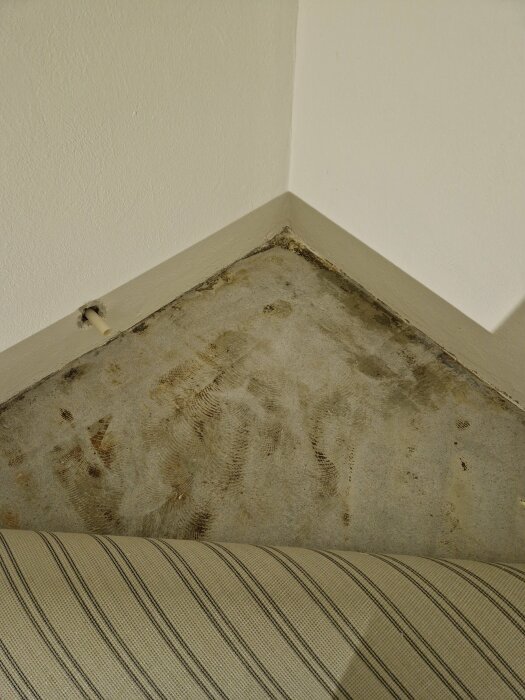 Slipat betonggolv i hörn av källare med synliga slipmärken och limrester, bredvid en randig mattkant.