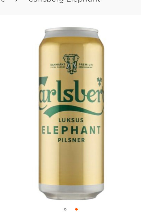 Carlsberg Elephant Pilsner ölburk med guldtonad etikett och Carlsbergs logotyp samt elefantsymbol.