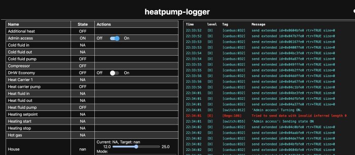 Skärmdump av heatpump-logger med CAN-bus felmeddelande "Tried to send data with invalid inferred length 0".