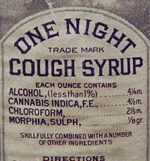 Gammal etikett för hostmedicin "One Night Cough Syrup" med alkohol och cannabisindikatorer.