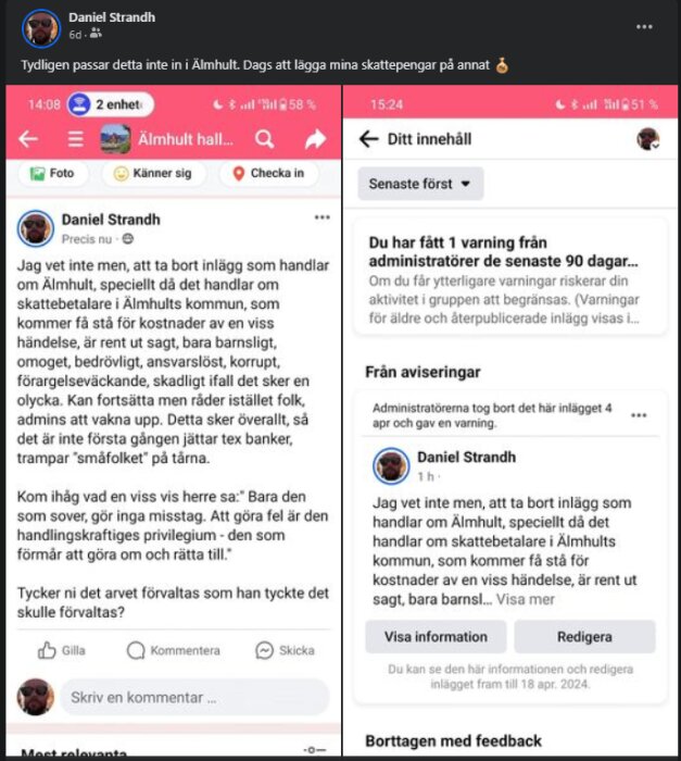 Skärmdump från ett socialt medienätverk som visar användarprofil, textinlägg om samhällsfrågor och kommentarer.
