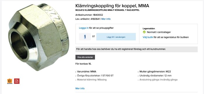 Metallisk klämringkoppling för VVS med M22 invändig och utvändig gänga.