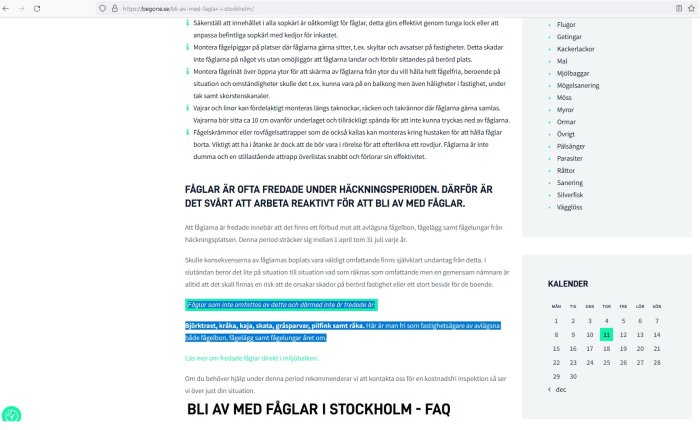 Skärmbild av webbsida med information om att vissa fågelarter kan avlägsnas av fastighetsägare.