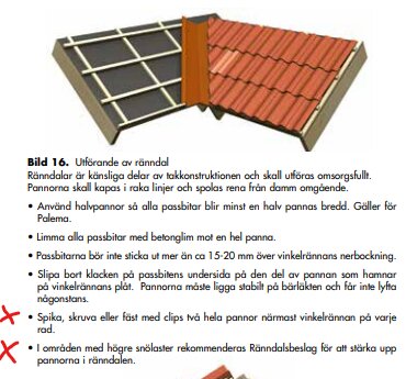 Illustration av tak med tegelpannor och instruktioner för korrekt infästning vid röda kryss.