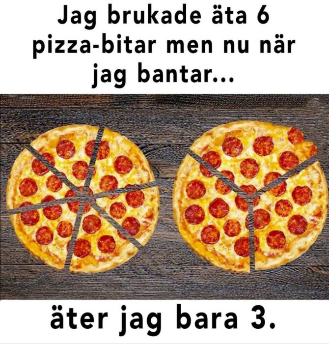 Två pizzor, en skuren i sex bitar och en i tre större bitar, med text om att äta mindre under bantning.