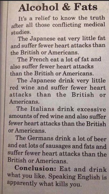 Artikelutdrag som jämför kost och hjärtsjukdomar mellan Japaner, Fransmän, Italienare, Tyskar och engelsktalande, med en humoristisk slutsats.
