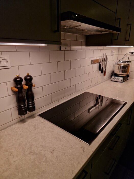 Kök med bänkskiva och väggmonterad hållare för salt- och pepparkvarnarna samt mixerstav.