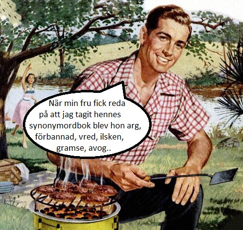 Man grillar mat utomhus medan en kvinna tittar på i bakgrunden.