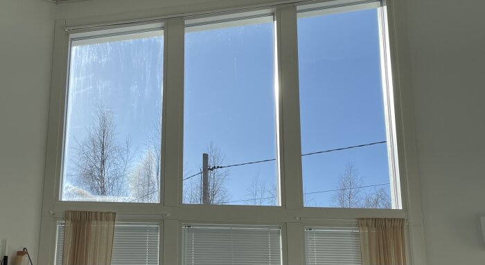 Fönster med ojämn färg och strimmor synliga i direkt solljus med träd och himmel i bakgrunden.