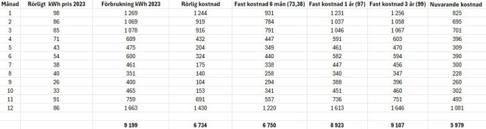 Datatabell som visar jämförelse av rörliga och fasta energikostnader över ett år.