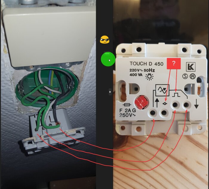 En gammal touchdimmer installerad i vägg, temporärt ersatt av brytare, med oidentifierade symboler.