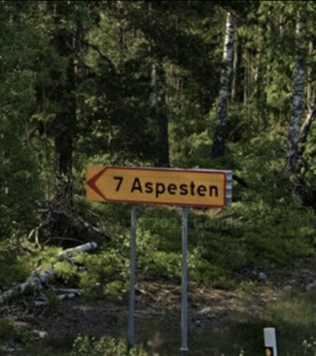 Gatuskylt med texten "7 Aspesten" omgiven av skog.