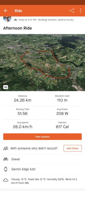 Skärmdump av cykeltur data visar rutt på karta, distans 24.26 km, höjdförändring och hastighet info.