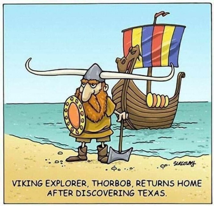 Tecknad bild av en viking med hjälm och sköld som står nära en vikingabåt med långa horn på västkusten.