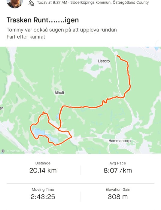 Karta över löprunda på 20.14 km med tid och höjdinformation, runt Tråsken i Söderköping.