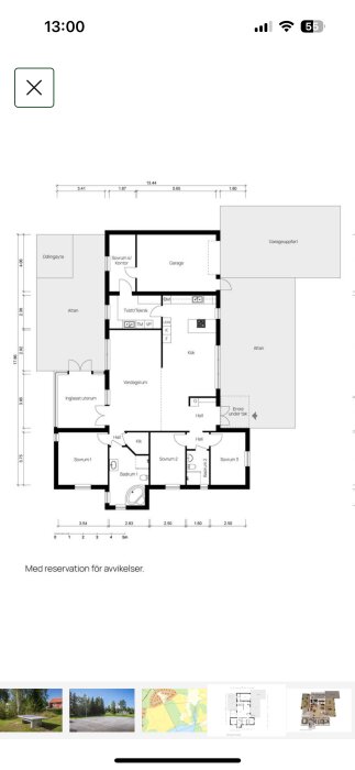 Planritning av en villa med mått, rumsuppdelning, och garage inkluderat, utan inredning.