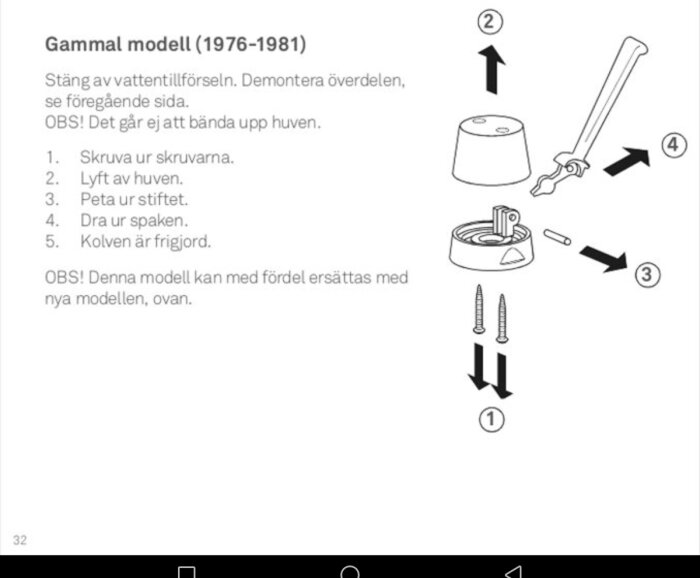 Illustration av demontageinstruktioner för en gammal modell av en apparat från 1976-1981.