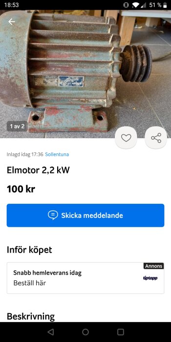 Använd elmotor på 2,2 kW med rost och patina, visar namnskylt och remhjul.