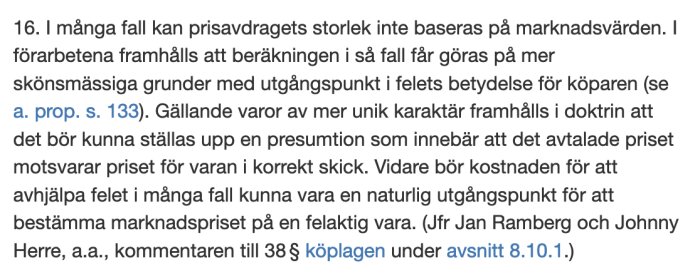 Textutdrag från juridisk dokumentation om marknadsvärde och prisavdrag relaterat till köplagen.