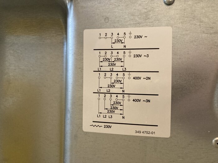 Bild på ett kopplingsschema för glaskeramikhäll, visar olika konfigurationer för 230V och 400V anslutningar.