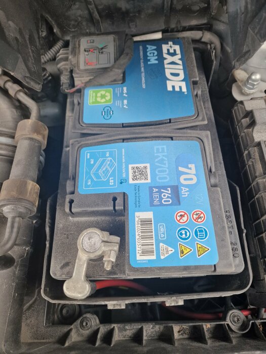 Bilbatteri i motorutrymmet med synlig pluspol och etiketter på batteriet.